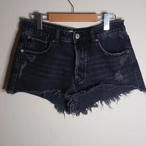 Zara  black denim hi waisted raw hem distressed shorts